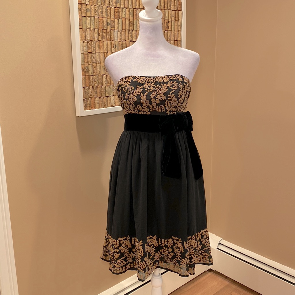 Plenty By Tracy Reese 100% Silk Black & Gold Strapless Dress W Beading & Velvet